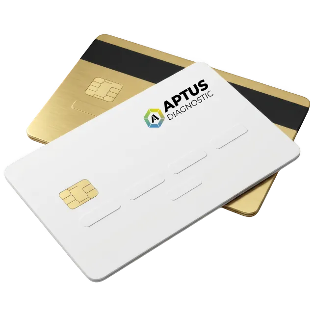 Cartes bancaires dont une aux couleurs d’APTUS DIAGNOSTIC, paiement en ligne des diagnostics