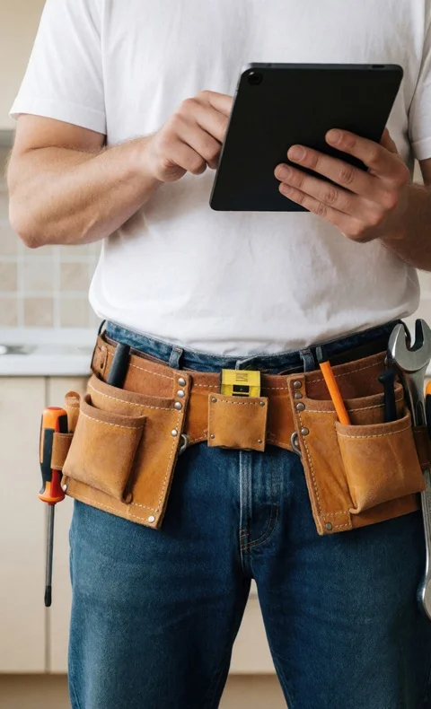 Diagnostiqueur immobilier avec ceinture à outils consultant sa tablette dans une cuisine