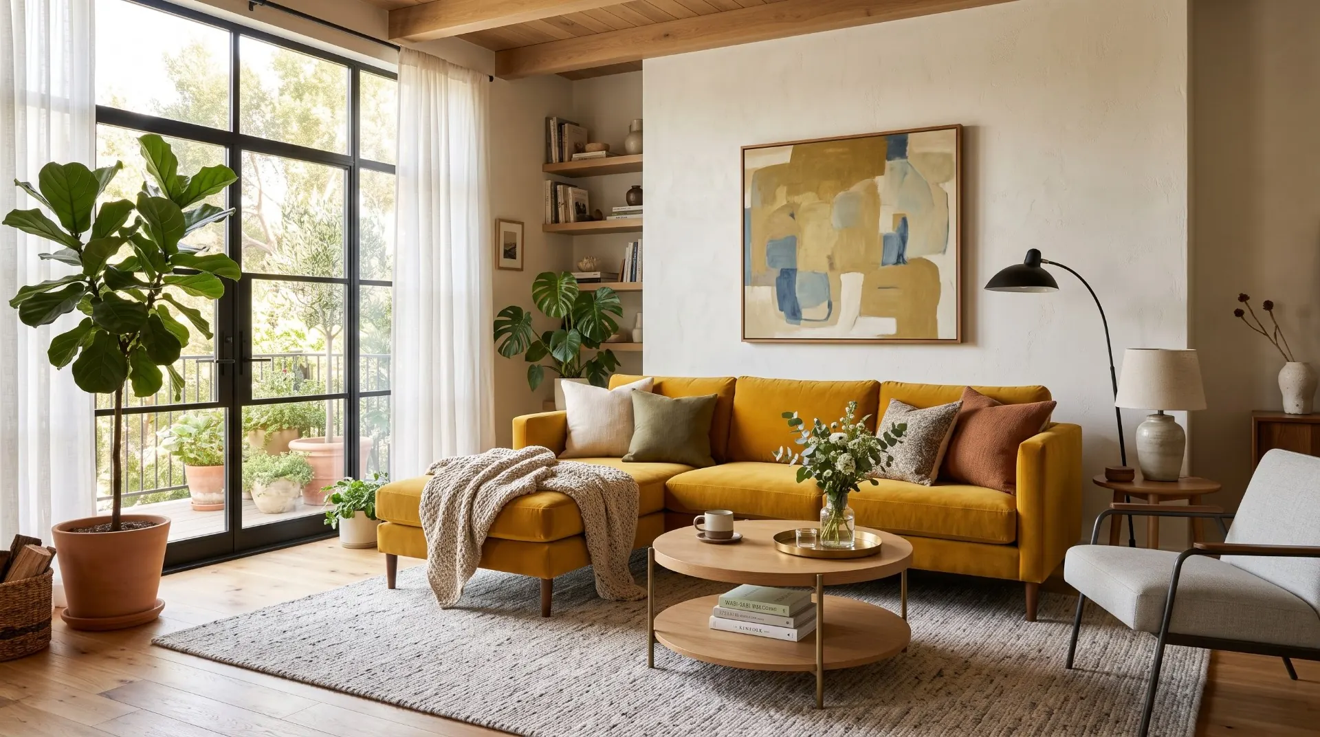 Salon lumineux avec canapé jaune et baie vitrée, bien prêt à vendre après les diagnostics immobiliers