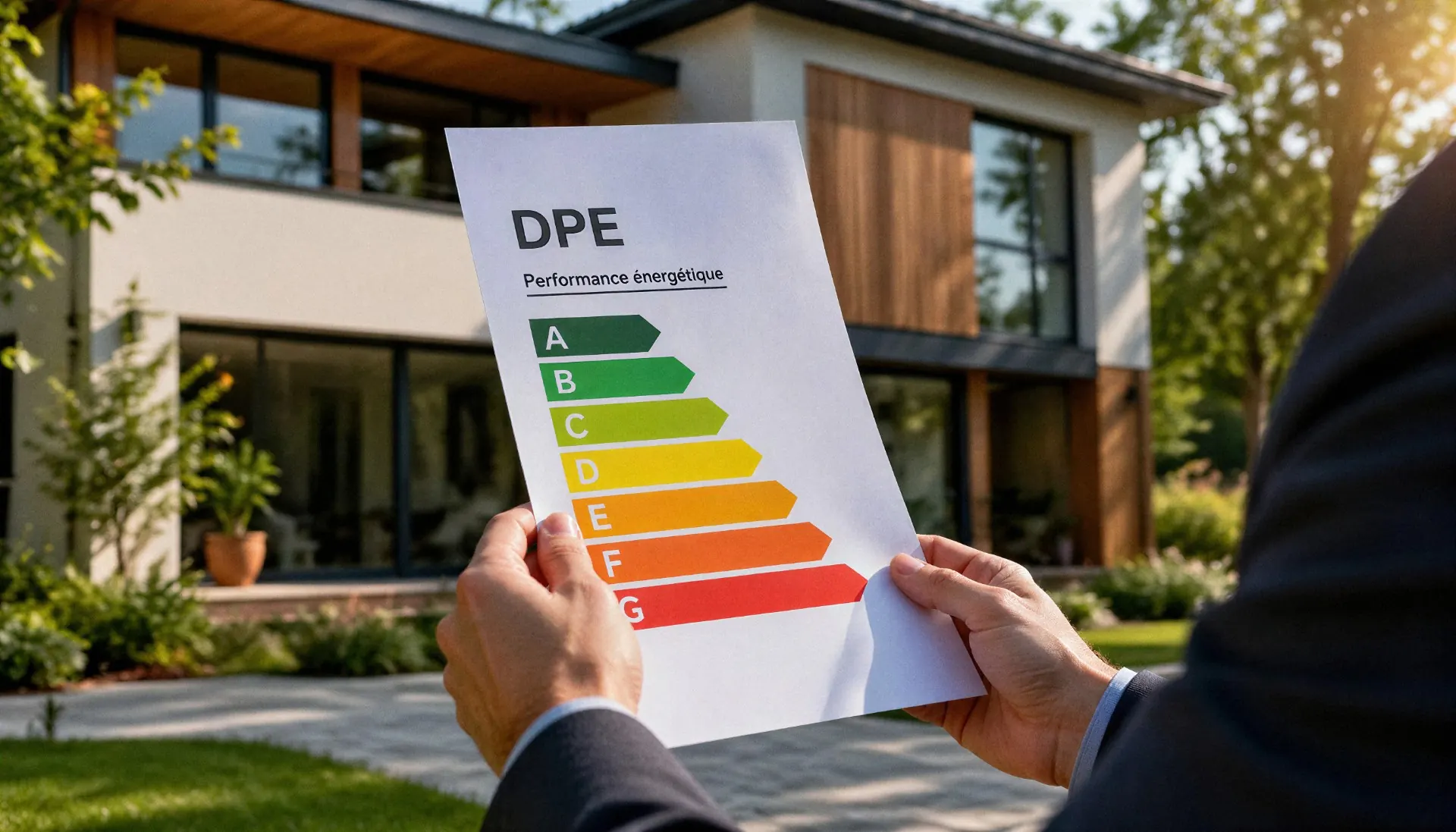 Mains tenant une étiquette DPE de A à G devant une maison moderne, diagnostic de performance énergétique