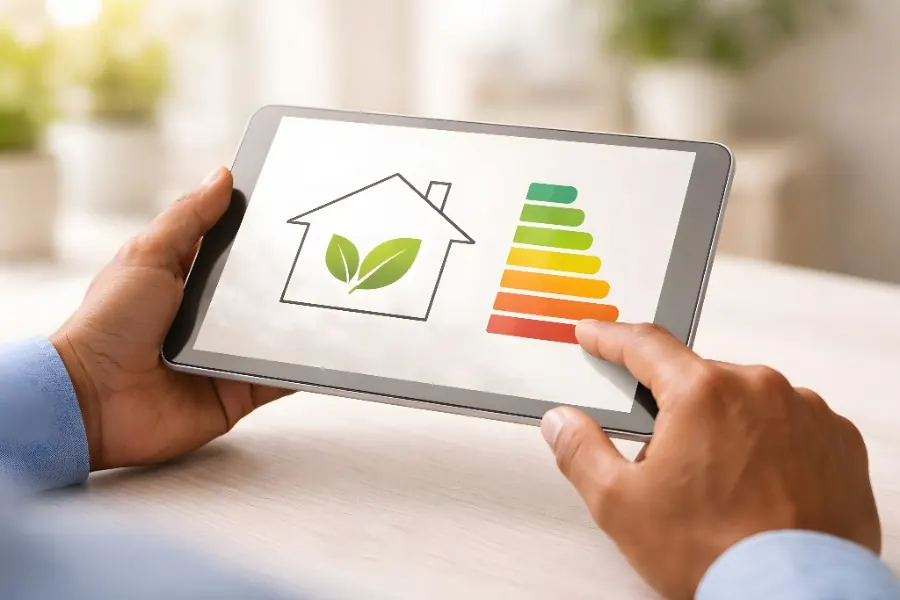 Tablette affichant une maison et une étiquette énergie, résultat du diagnostic de performance énergétique