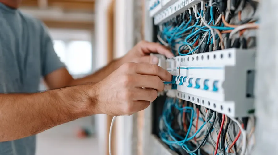 Technicien vérifiant les disjoncteurs d’un tableau électrique lors du diagnostic électricité