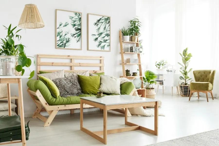 Salon meublé avec canapé vert et plantes, surface habitable mesurée selon la loi Boutin