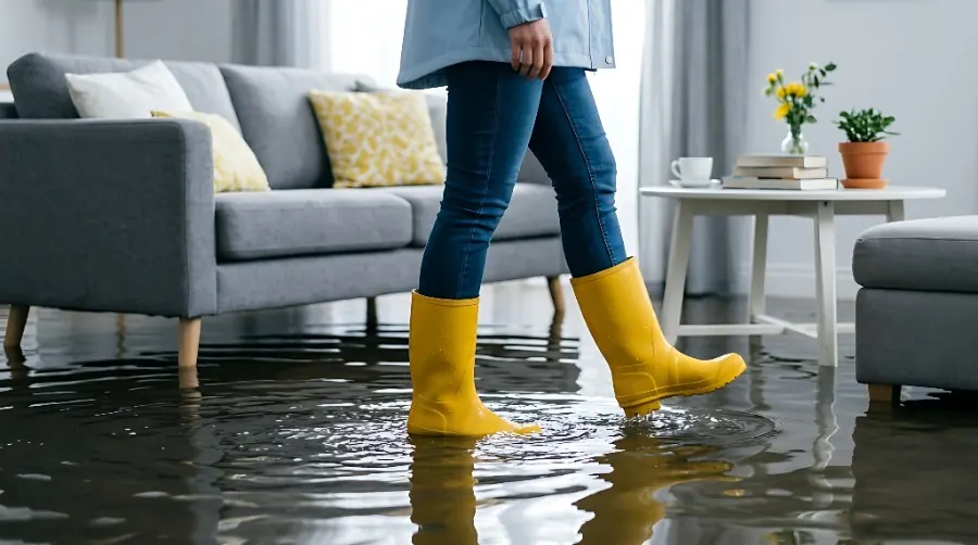 Personne en bottes jaunes dans un salon inondé, risque signalé dans l’état des risques et pollutions