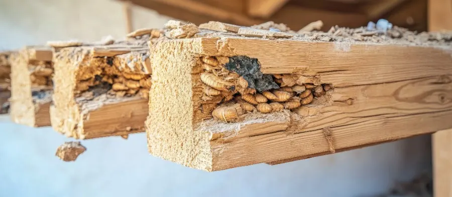 Poutres en bois rongées par les termites, dégâts repérés lors du diagnostic termites